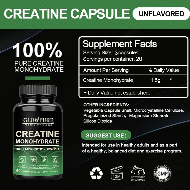 Cápsulas de monohidrato de creatina para mejorar la masa muscular, mejorar la fuerza y el rendimiento, recuperación de entrenamiento, ganador de masa
