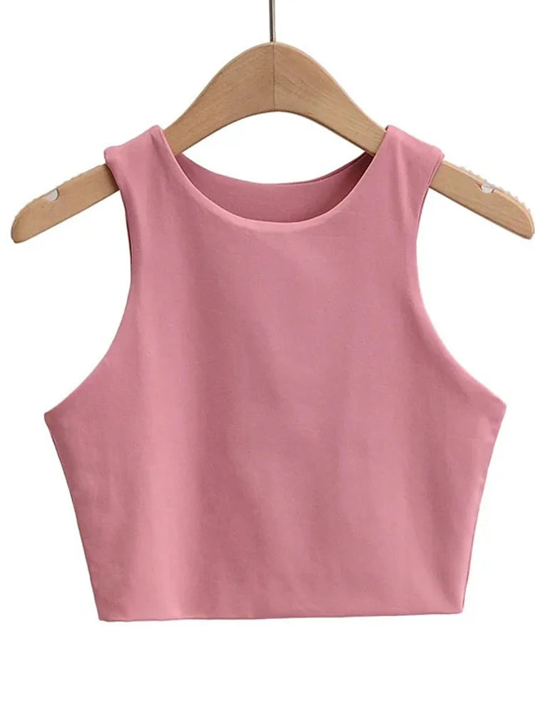 Camisetas ajustadas sexis para mujer, camisetas sin mangas con cuello redondo y doble nailon para mujer, camisetas sin mangas de buena calidad en 6 colores 2023