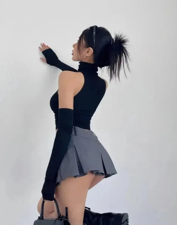 Top sin mangas Sexy para primavera y verano, Top corto plisado con mangas para chica picante y cuello alto, camiseta para mujer, ropa informal ajustada Y2k