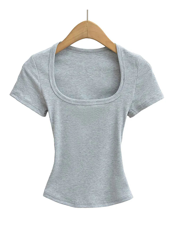 Top corto de alta elasticidad con cuello cuadrado para mujer, top sexy de manga corta, jersey ajustado, camisa básica de verano