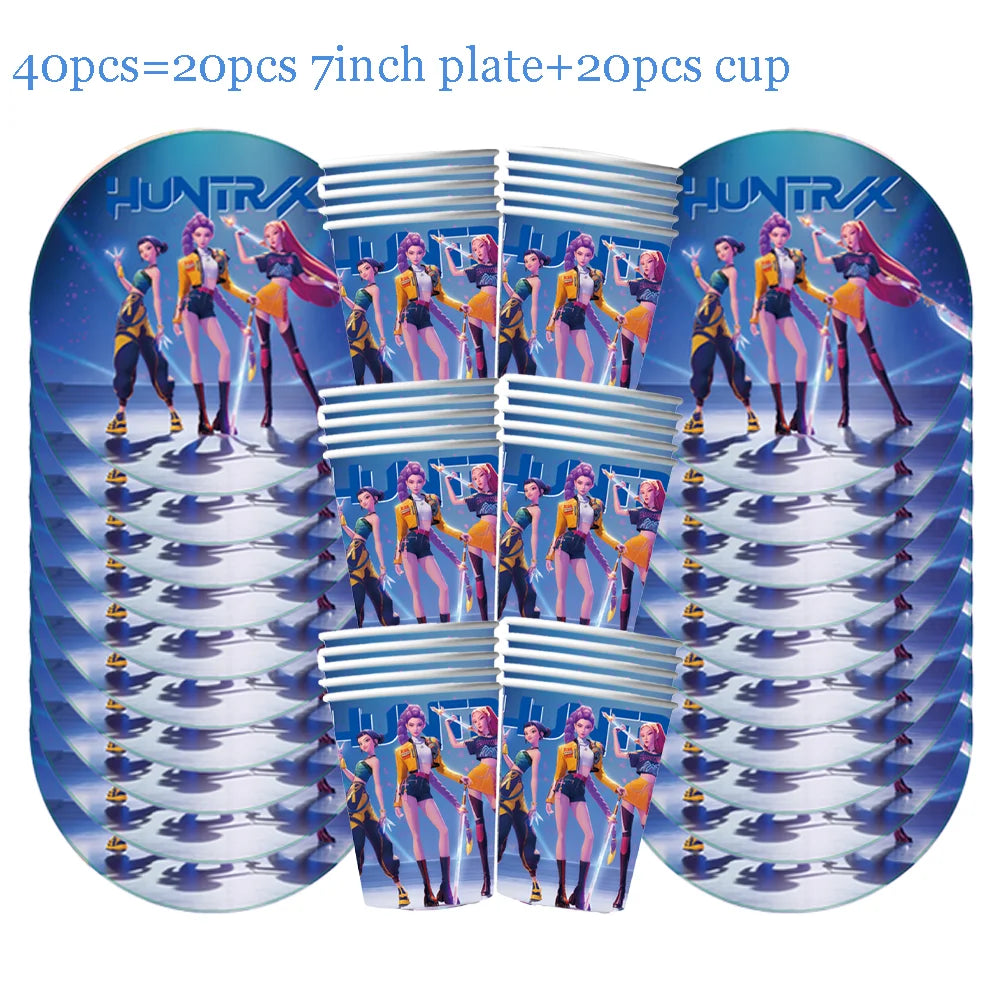 Vajilla desechable para fiesta temática de cazadores de demonios k-pop, plato con bandera de cazador, globo, decoración de cazadores, suministros para fiesta de cumpleaños