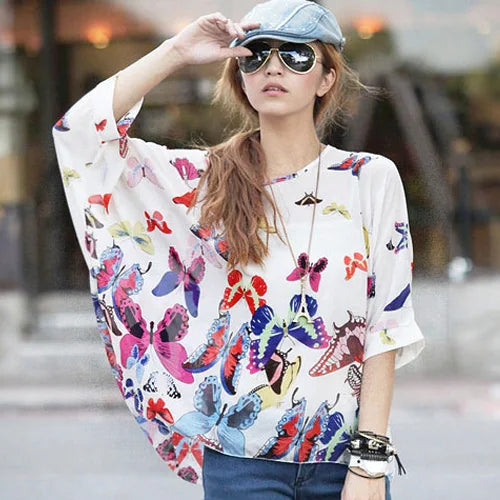 Novedad 2015 de mini vestidos casuales de gasa con estampado de flores para señoras, vestidos estilo bohemio con manga de murciélago en tallas grandes 4XL 5XL 6XL