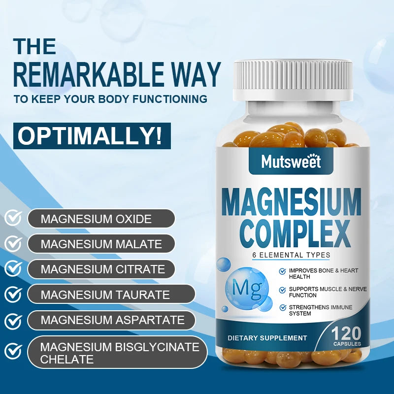 Suplementos de cápsula de magnesio complejo, sistema nervioso, soporte muscular y óseo para dormir, energía, calambres en las piernas, dolores de cabeza