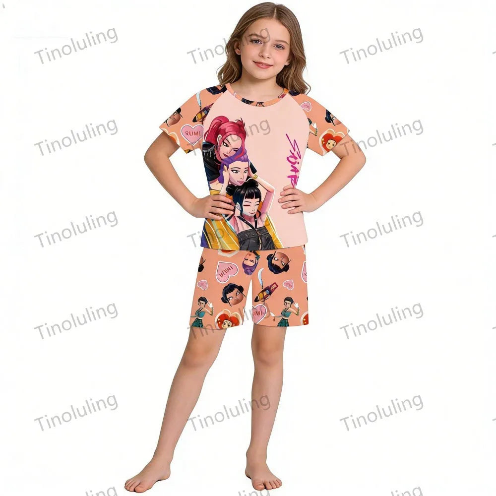 Conjuntos de pijamas para niñas, pijamas de verano para niños pequeños de 3 a 8, 10, 11 y 12 años, Kpop Demon Hunters, camisetas y pantalones cortos, conjunto de pijamas de dos piezas