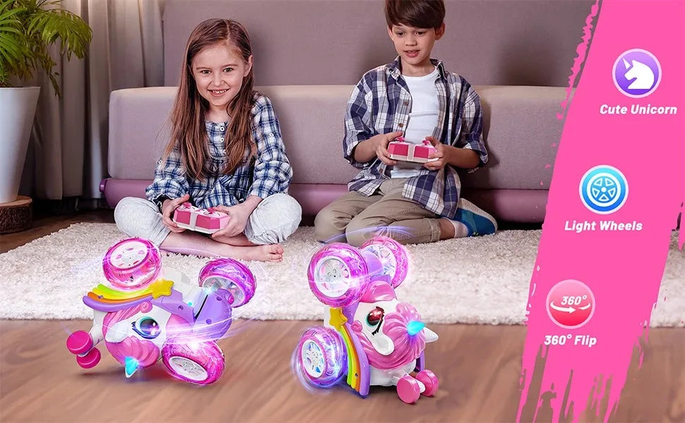 Coche teledirigido unicornio para niñas, 360 °   Coches RC acrobáticos giratorios 4WD con luces lindas, juguetes recargables para niños para regalos de cumpleaños