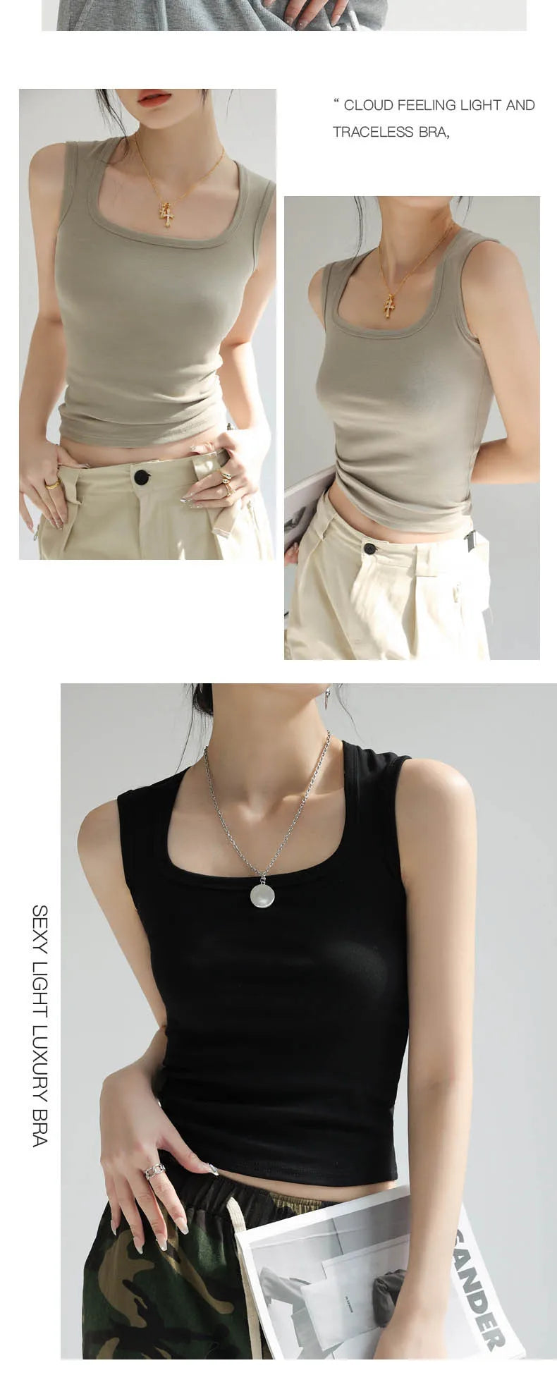 Camiseta sin mangas acanalada con cuello en U para mujer, camisola elástica básica térmica sin mangas, ropa térmica de verano para mujer