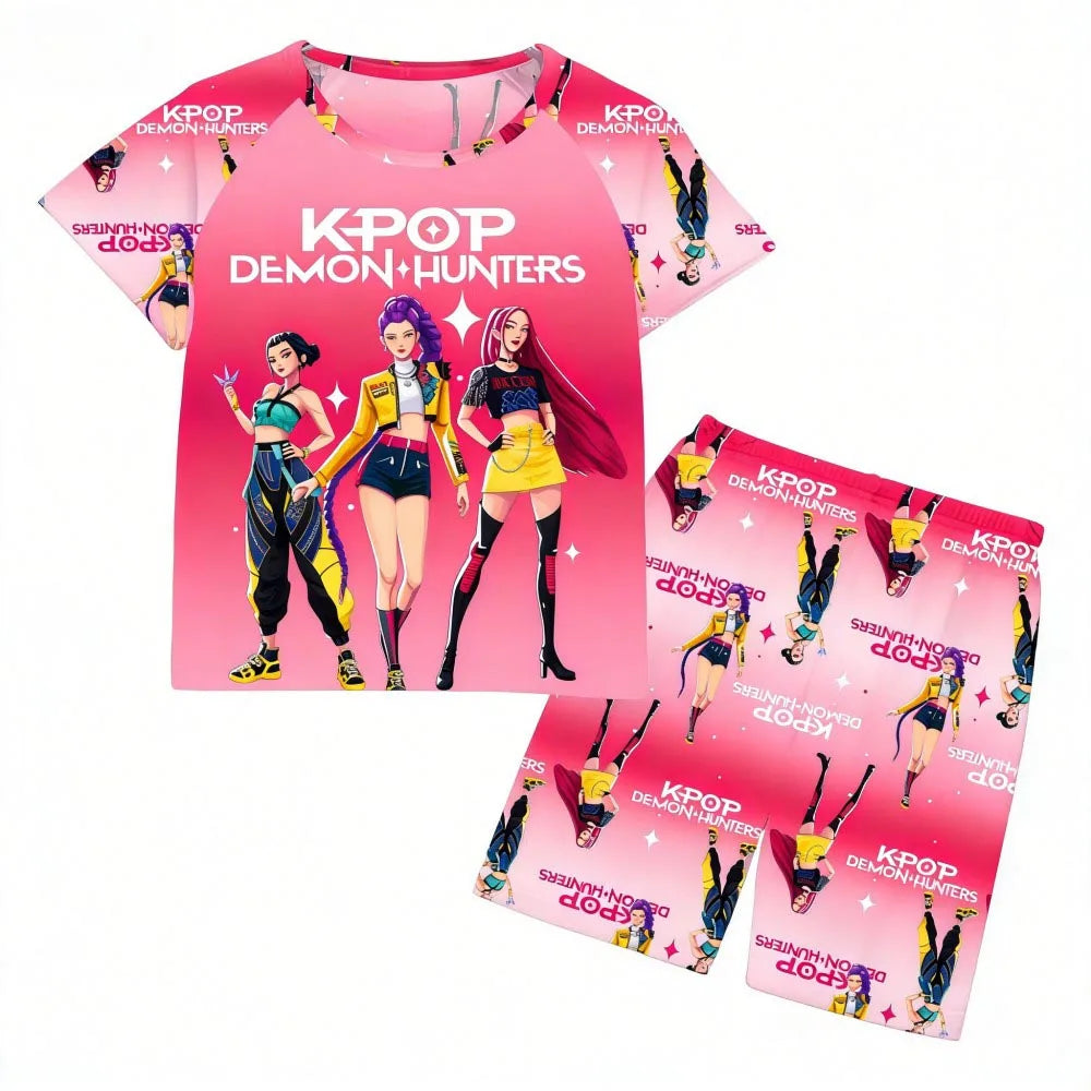 Conjuntos de pijamas para niñas, pijamas de verano para niños pequeños de 3 a 8, 10, 11 y 12 años, Kpop Demon Hunters, camisetas y pantalones cortos, conjunto de pijamas de dos piezas