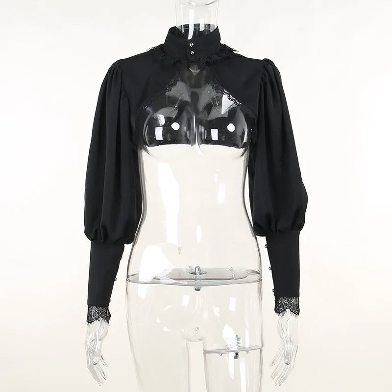 Blusa gótica con mangas abullonadas para Mujer, Top corto Sexy negro De manga larga para invierno, Blusas estéticas De hadas para Mujer De Moda 2022