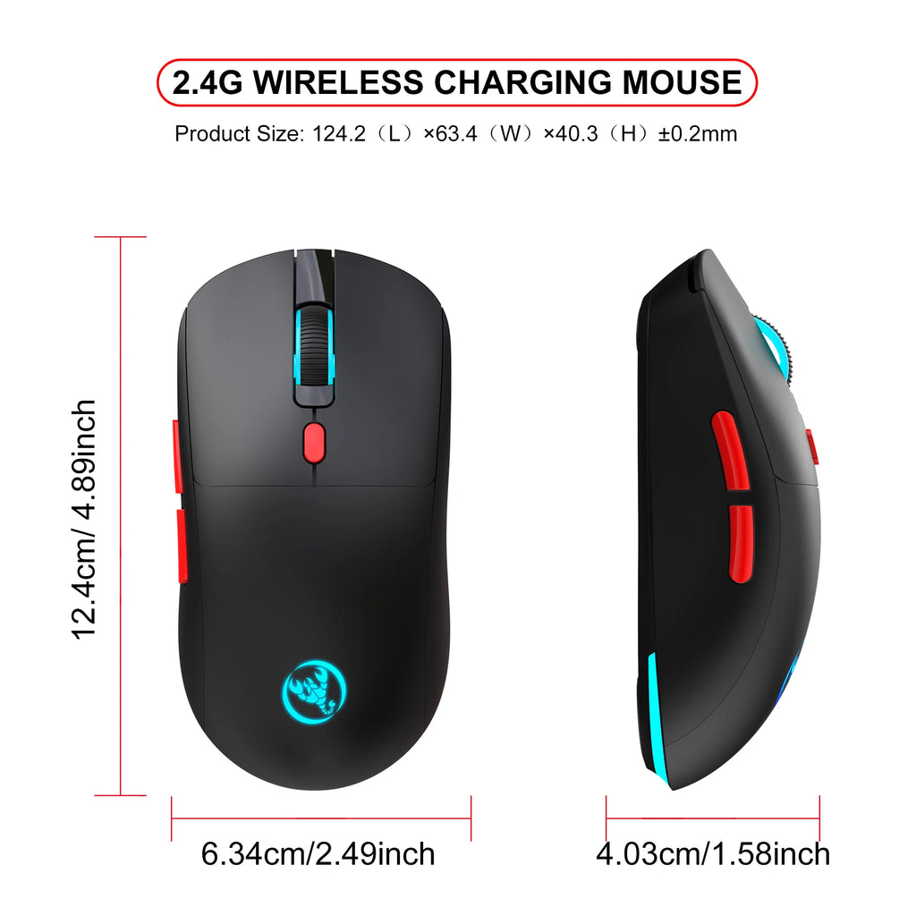 Ratón Inalámbrico Recargable de 2.4G, 650mAh, Ajustable a 3600DPI, Iluminación RGB de 7 Colores, Ergonómico y Silencioso para Oficina, Portátil, PC y Juegos