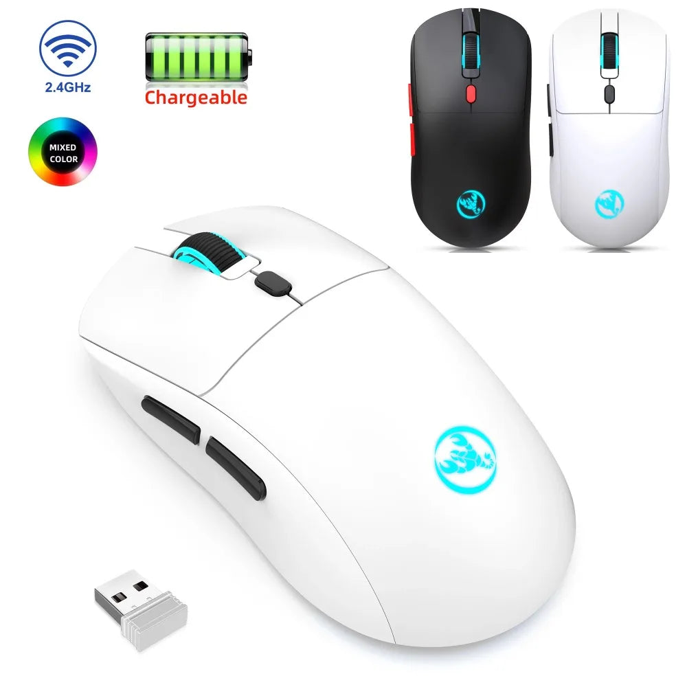 Ratón Inalámbrico Recargable de 2.4G, 650mAh, Ajustable a 3600DPI, Iluminación RGB de 7 Colores, Ergonómico y Silencioso para Oficina, Portátil, PC y Juegos