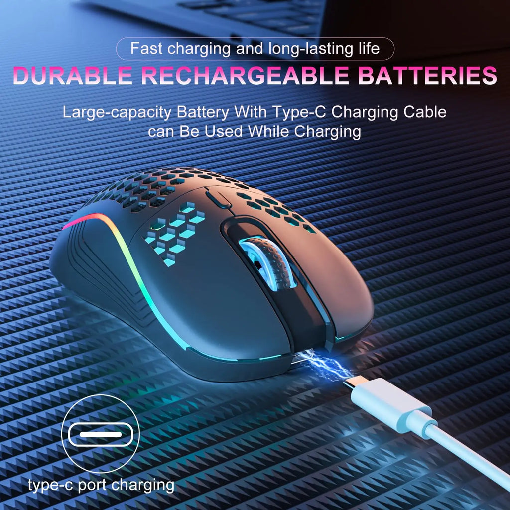 Ratón inalámbrico ligero con diseño de panal de abeja, Mouse recargable con retroiluminación RGB, receptor USB, DPI ajustable, 2,4G