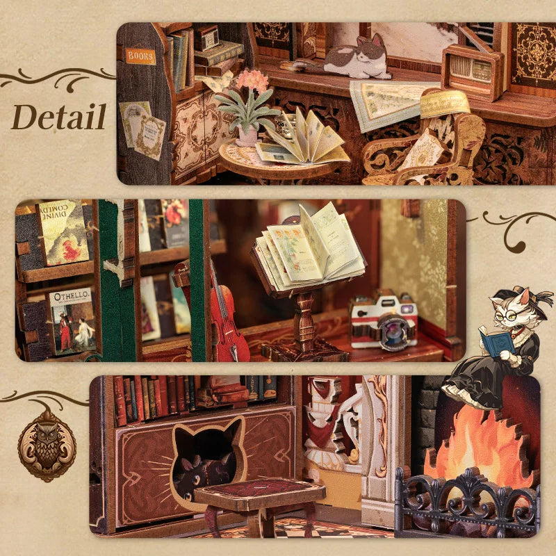 CUTEBEE-Kit de rincón de libros DIY, casa de muñecas en miniatura con inserto de estantería de madera ligera, decoración de librería Retro para regalos, serie de librería