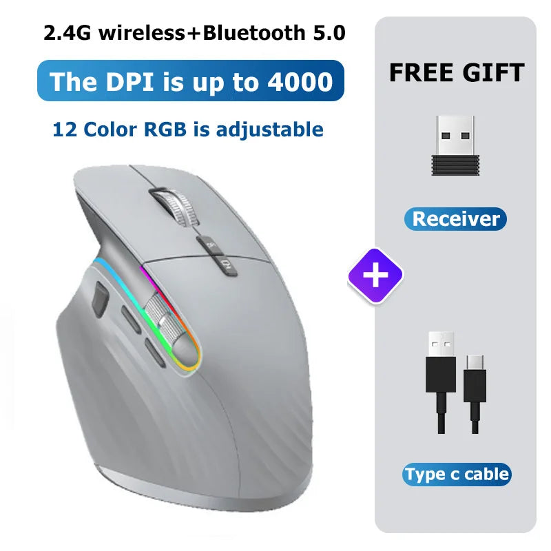 JOMAA-ratón inalámbrico para juegos de ordenador, Mouse negro de 2,4G con Bluetooth, RGB, recargable, diseño ergonómico, para oficina