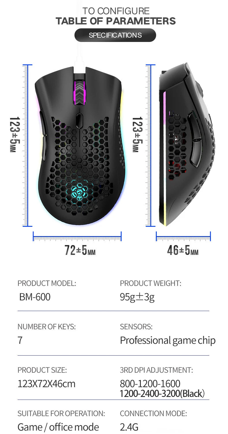 Ratón inalámbrico BM600 para juegos, periférico con luz RGB, recargable por USB, 2,4G, bonito