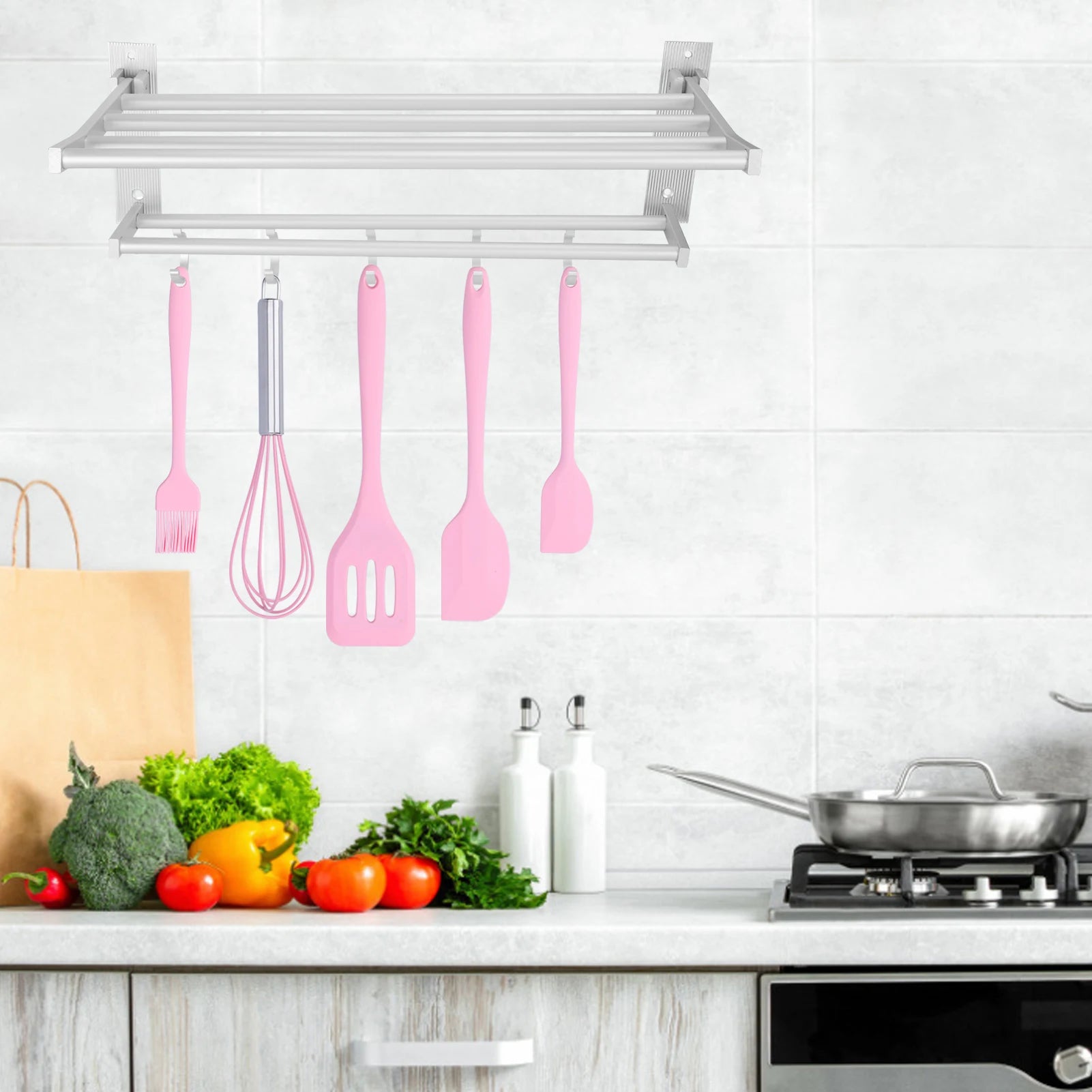 Estante de ducha de 40cm, toallero de baño plegable de aluminio con 5 ganchos, estante de almacenamiento de accesorios de baño plateado, organizador de toallas