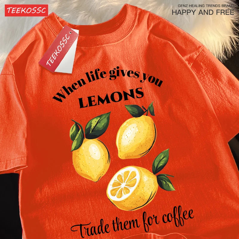 Cuando la vida te donne limones comerciamos tiene café impresiones Retro mujer Camiseta de algodón de moda ropa de Hip Hop suelta Unisex Top