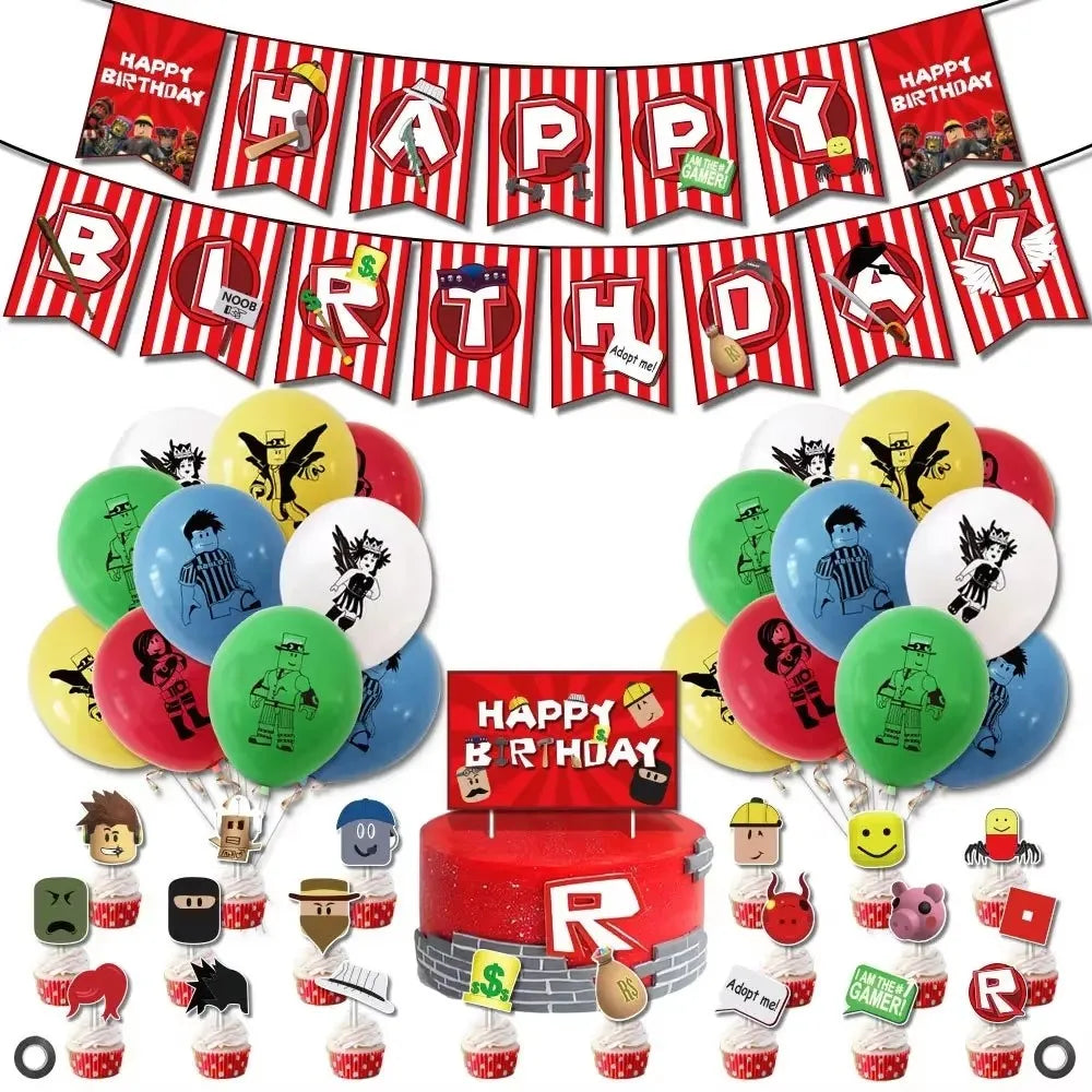 Roblox-Juego de decoración para fiesta de cumpleaños, vajilla de juego, bolsa de regalo, mantel, globo, adorno para pastel, telón de fondo, suministros para fiesta Baby Showe Roblox