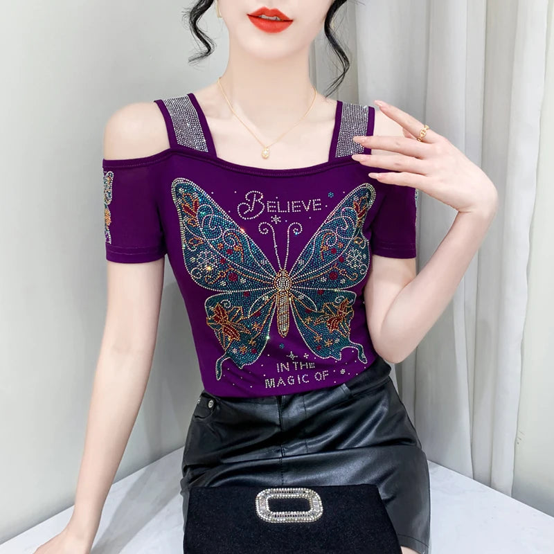 Ropa de calle europea, camiseta de marca para mujer, camisetas ajustadas de manga corta elegantes con diamantes brillantes para mujer