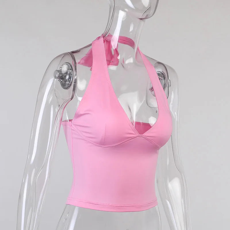 Camiseta sin mangas con cuello en V para mujer, Top Sexy con espalda descubierta, rosa, corsé