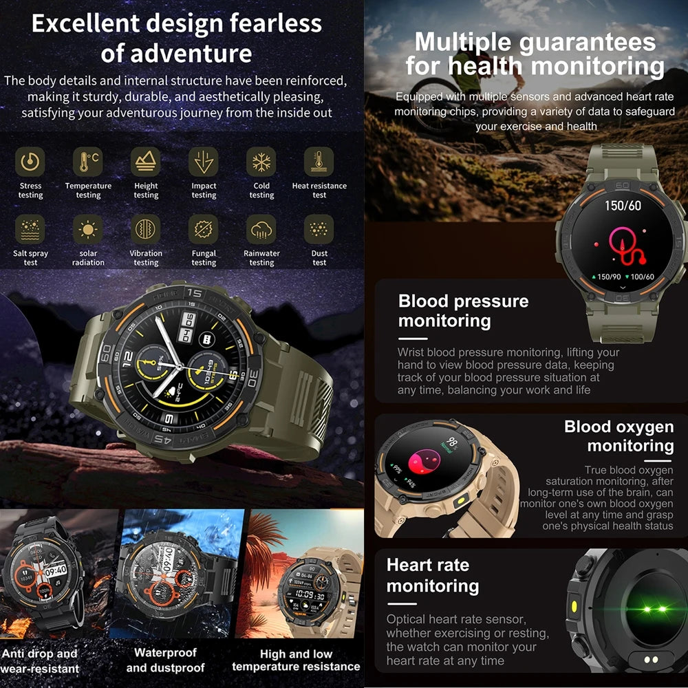 Reloj inteligente militar resistente al aire libre para hombres, GPS, deportes, Fitness, resistente al agua, llamada Bluetooth con luces LED, reloj inteligente