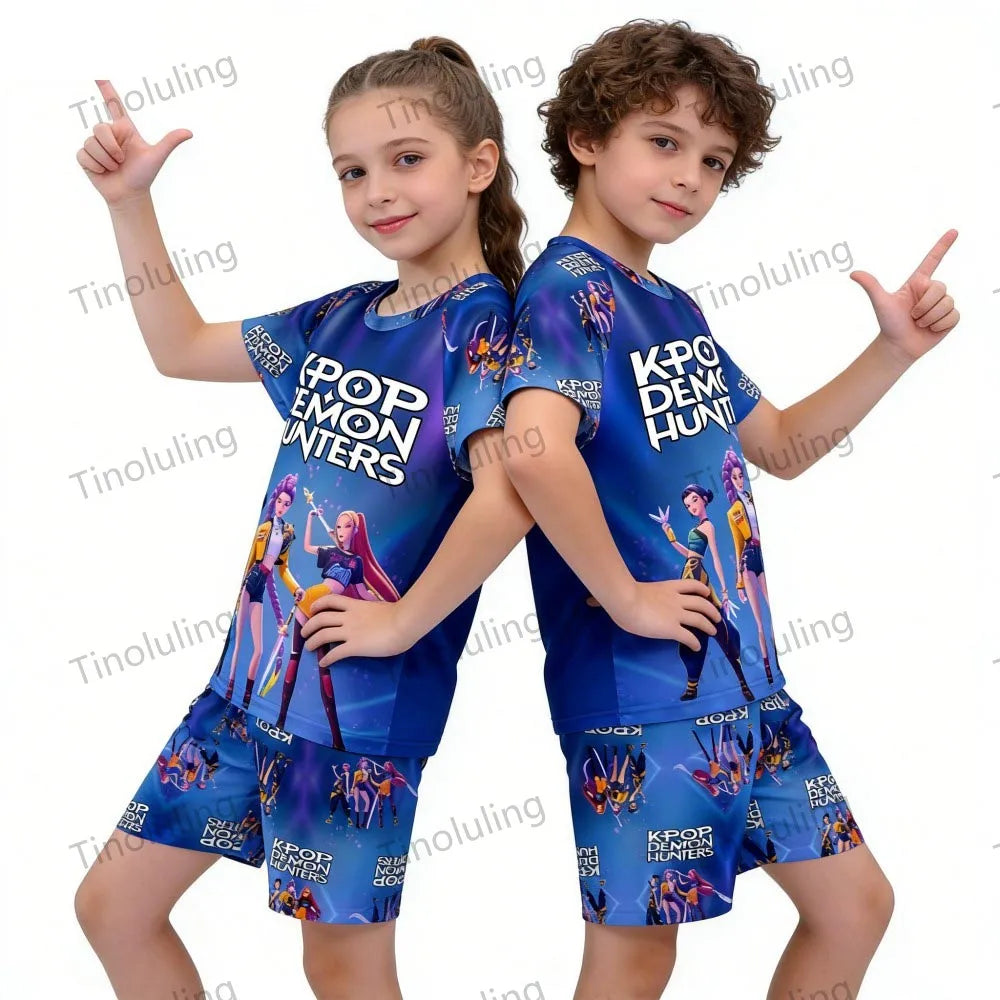 Conjuntos de pijamas para niñas, pijamas de verano para niños pequeños de 3 a 8, 10, 11 y 12 años, Kpop Demon Hunters, camisetas y pantalones cortos, conjunto de pijamas de dos piezas