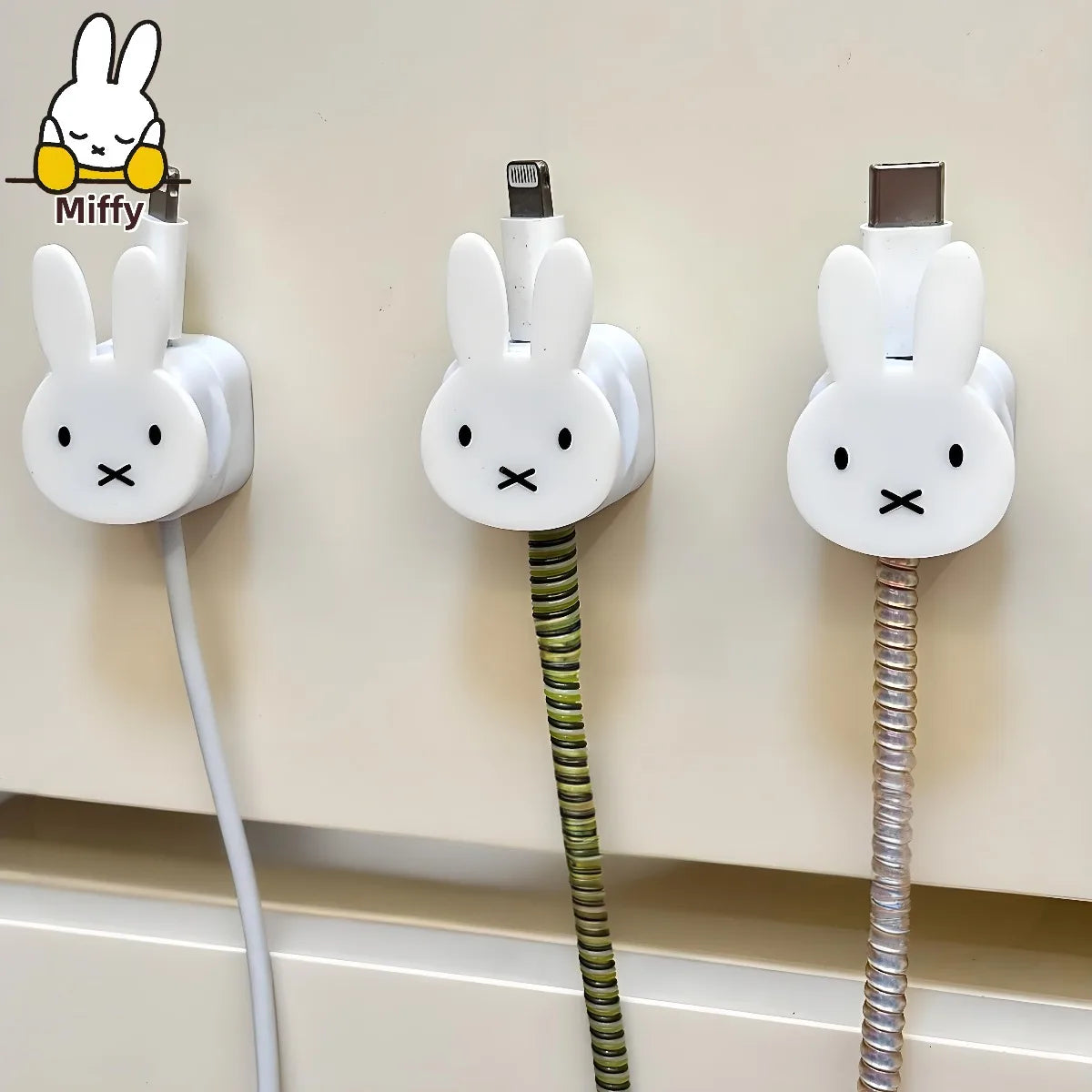 Lindo Miffy Rabbit organizador de cables de datos magnéticos dibujos animados fijador de carga de teléfono de escritorio Clip montado en la pared