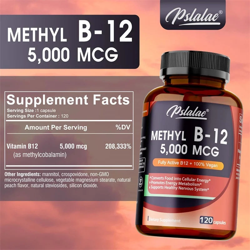 Vitamina B12 - Suplemento MCG 5000 -Benemó la función cerebral y corazón, admite memoria, aprendizaje, ayuda a aumentar la energía natural