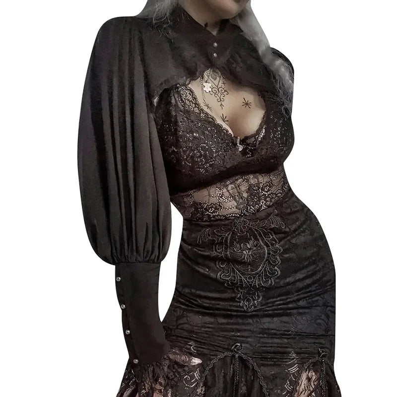 Blusa gótica con mangas abullonadas para Mujer, Top corto Sexy negro De manga larga para invierno, Blusas estéticas De hadas para Mujer De Moda 2022