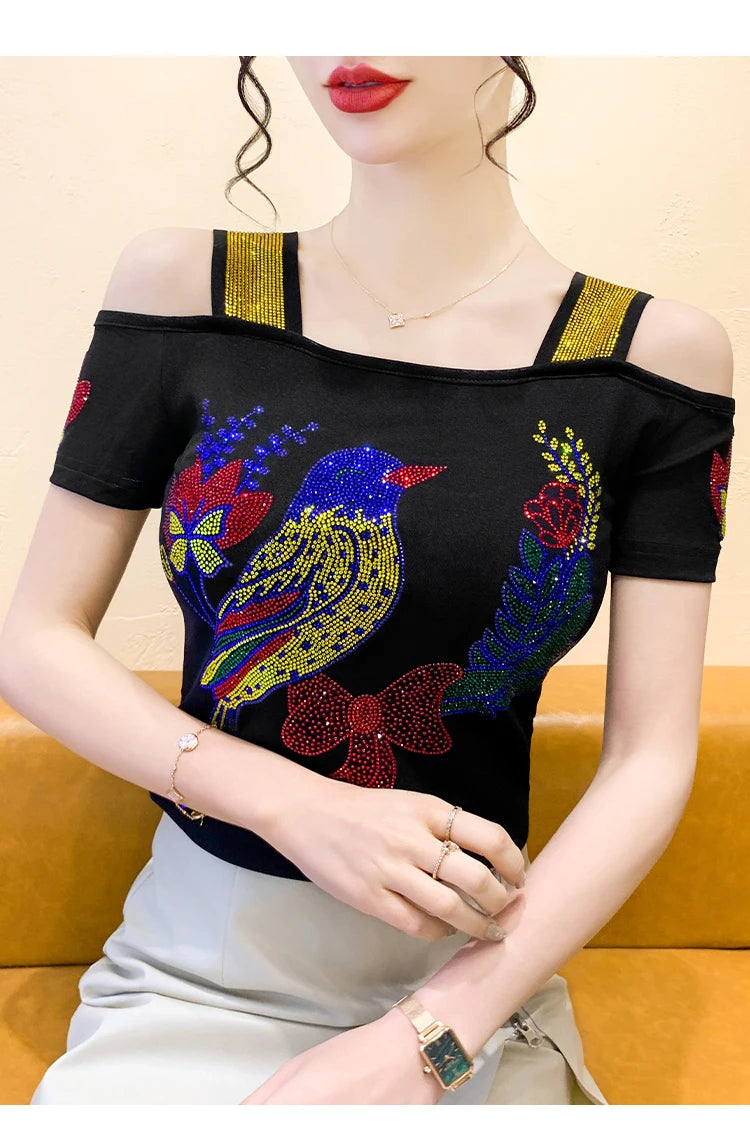 Ropa de calle europea, camiseta de marca para mujer, camisetas ajustadas de manga corta elegantes con diamantes brillantes para mujer