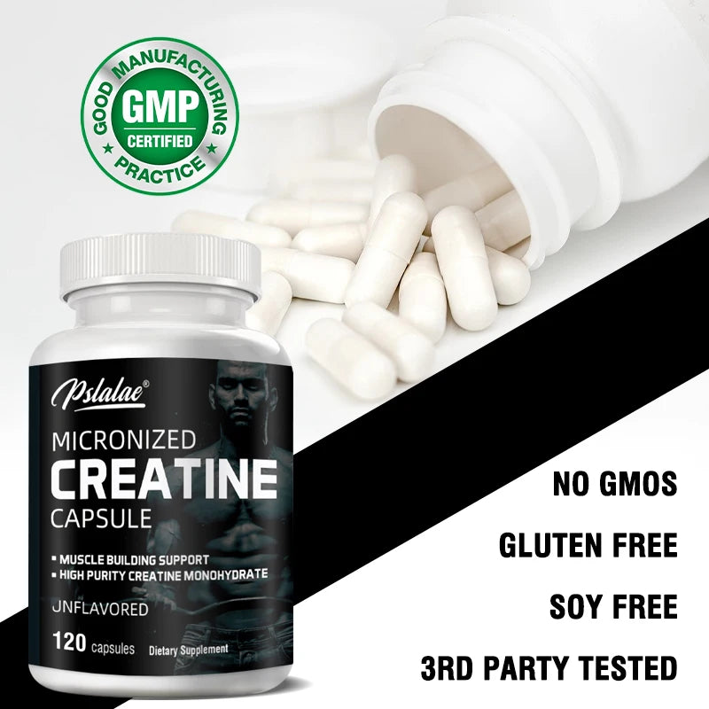 Polvo de creatina micronizada (5000 mg) Polvo de monohidrato de creatina, sin sabor, acariable cetogénico, sin OGM 120 cápsulas