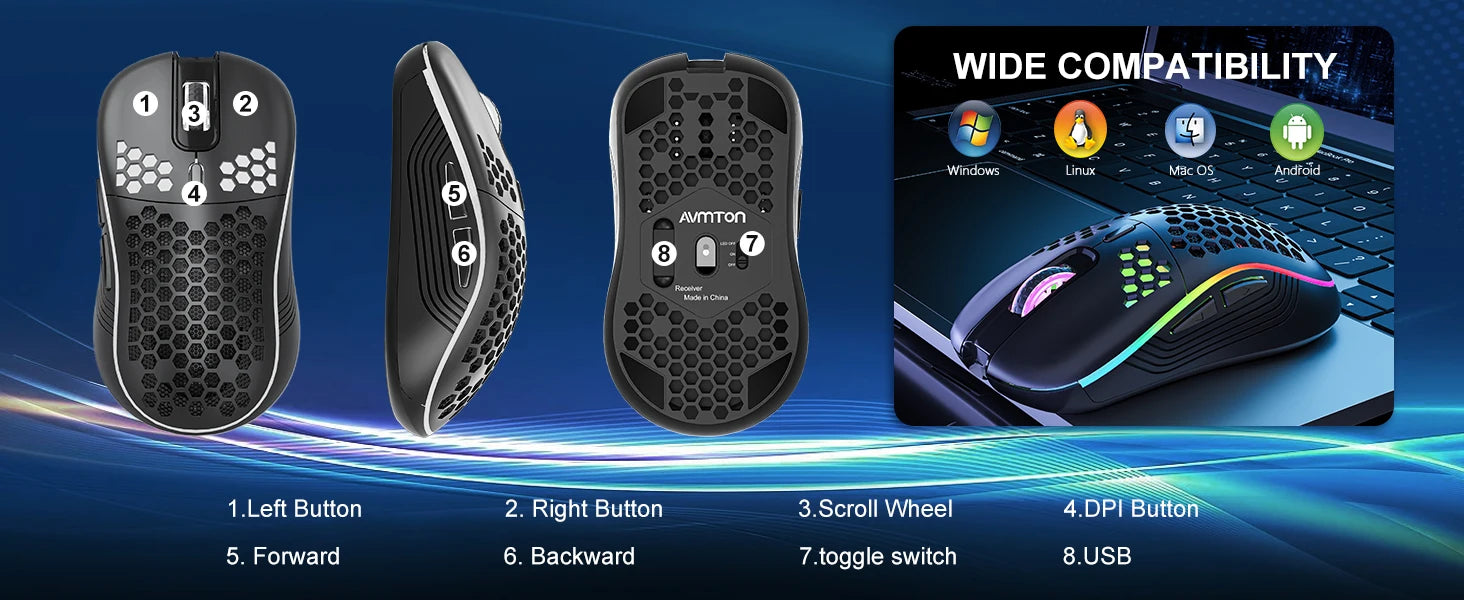 Ratón inalámbrico ligero con diseño de panal de abeja, Mouse recargable con retroiluminación RGB, receptor USB, DPI ajustable, 2,4G