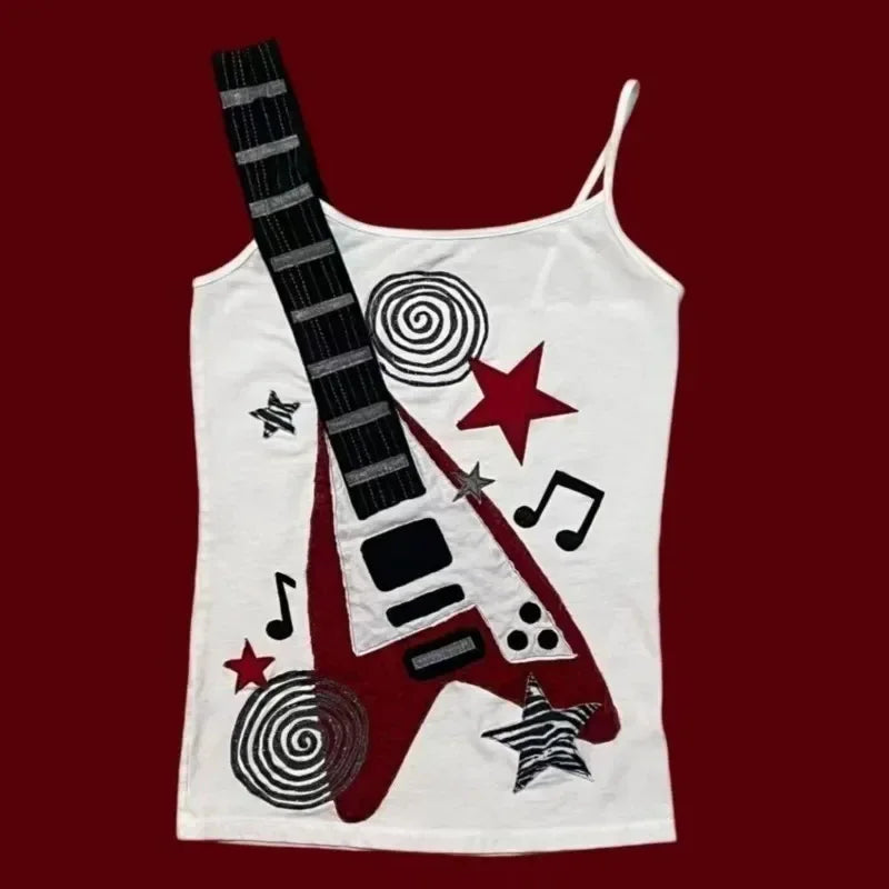 Camiseta de Verano Estilo Punk Rock Y2K con Diseño Visual de Notas Musicales, Estilo Vintage, Hip Hop, Personalidad Emo, Corte Ajustado para Chicas