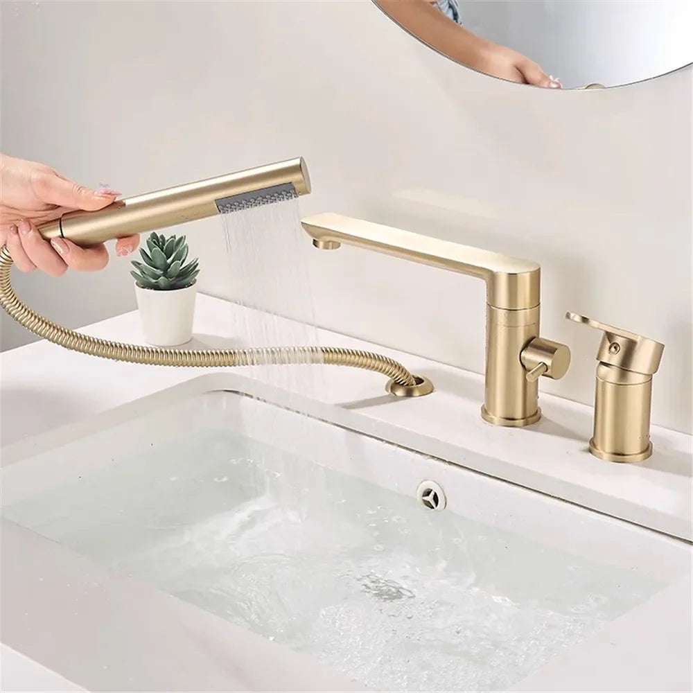 Grifo de bañera de Oro pulido, grifo mezclador de lavabo de bañera generalizado, grifo de ducha de baño de latón negro con cabezal de ducha de mano