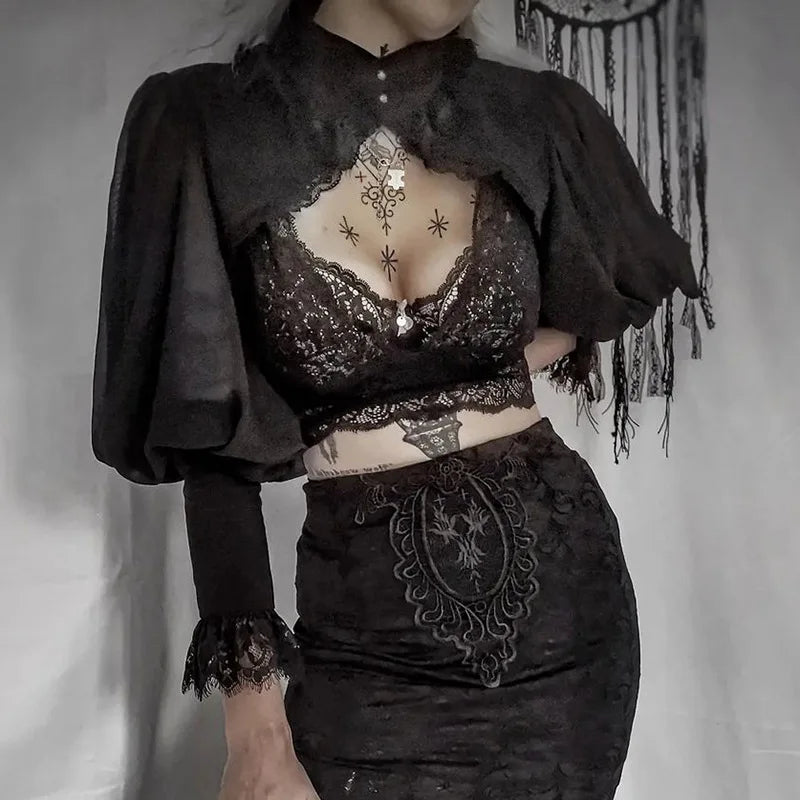 Blusa gótica con mangas abullonadas para Mujer, Top corto Sexy negro De manga larga para invierno, Blusas estéticas De hadas para Mujer De Moda 2022