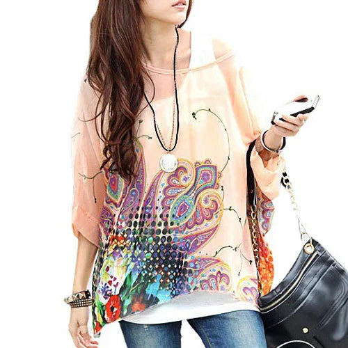 Novedad 2015 de mini vestidos casuales de gasa con estampado de flores para señoras, vestidos estilo bohemio con manga de murciélago en tallas grandes 4XL 5XL 6XL