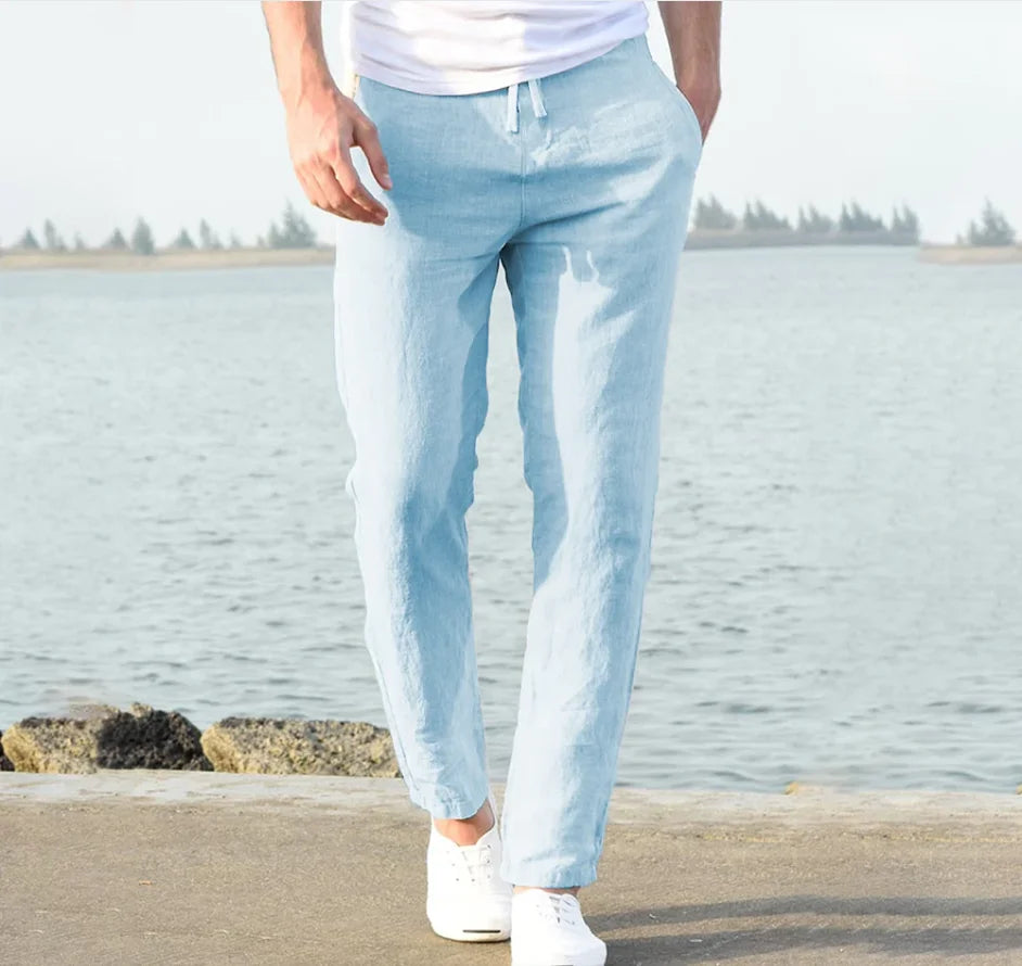 Pantalón de algodón para hombre, corte recto, ligero, transpirable, cómodo, estilo playero, color liso, pantalón deportivo