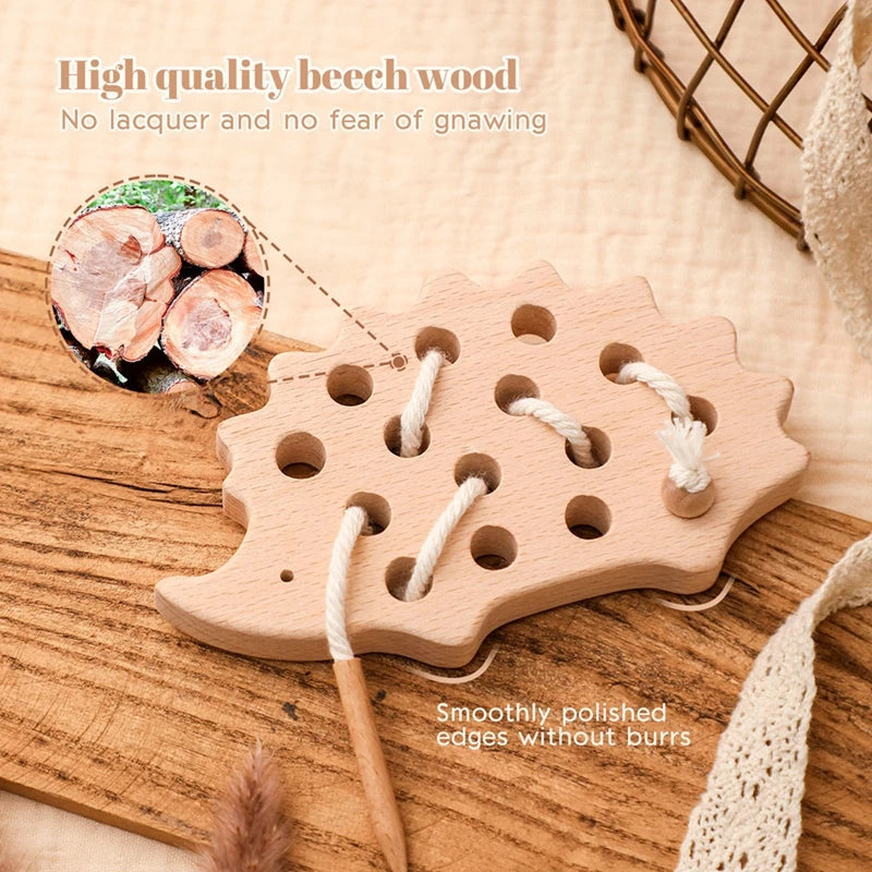Juguetes de madera Montessori para bebé, tablero de enhebrado de erizo Animal, juguete educativo de madera de haya para niños, bloques de cuentas con botones, juguetes rompecabezas