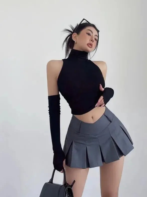 Top sin mangas Sexy para primavera y verano, Top corto plisado con mangas para chica picante y cuello alto, camiseta para mujer, ropa informal ajustada Y2k