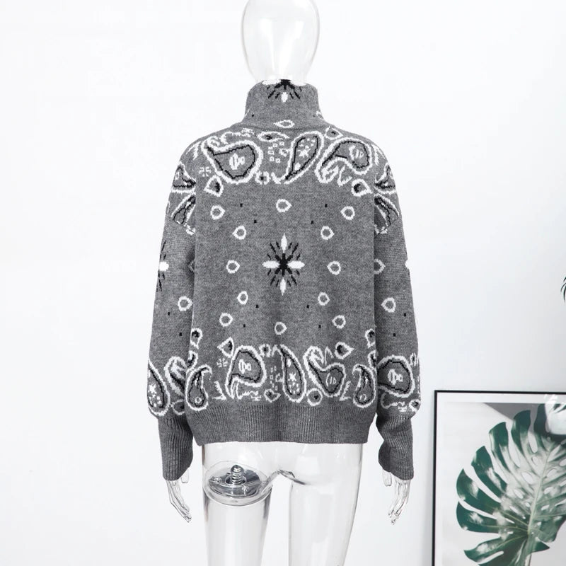 Cárdigan Vintage de punto Jacquard con cuello levantado para mujer, suéter holgado con bolsillos de manga larga y cremallera, prendas de punto suaves para primavera 2026