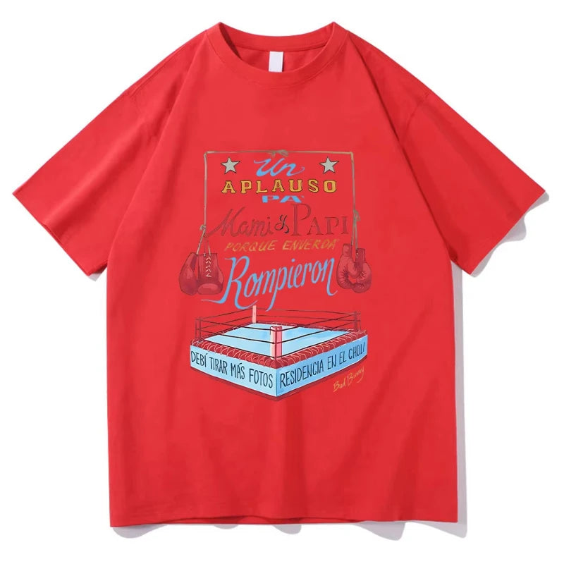 Bad Bunny DTMF Merch Boxing Tee Camiseta estética Unisex Estampado geométrico Cuello redondo Manga corta Estilo urbano Camiseta estampada