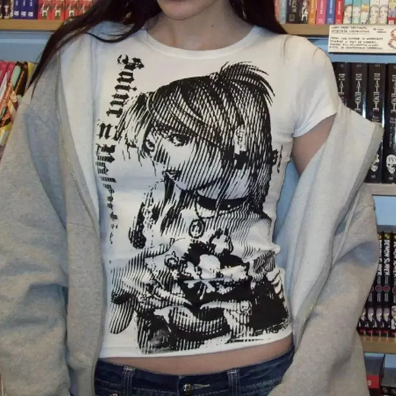 Y2k-Camiseta con estampado de texto para mujer, cuello redondo, montado en la calle, Harajuku, corte Retro Simple, hermosa camiseta informal Kawaii, 90' S