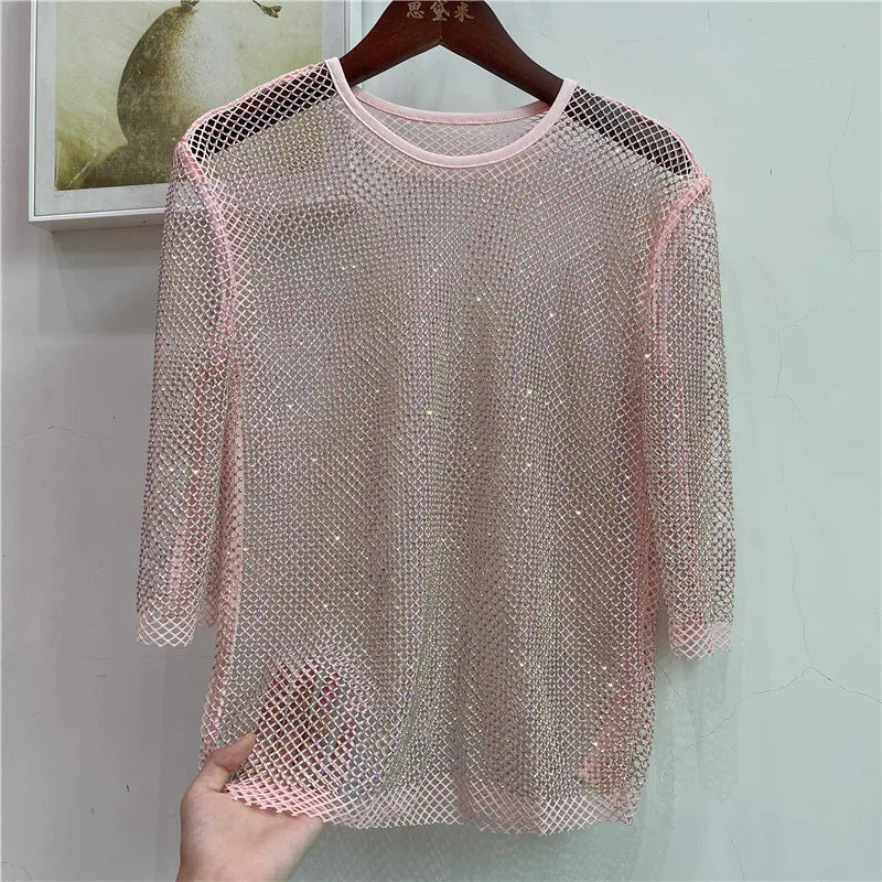 ColorShiny Diamonds-Camiseta básica de sílabas eléctricas para mujer, Top ajustado de cristal con cuello redondo, media manga, Sexy, para fiesta y Club