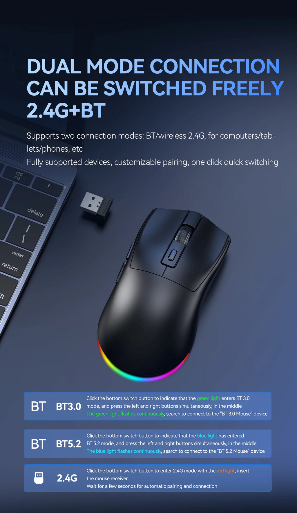 Ratón inalámbrico de modo dual |   Base de carga magnética |   Retroiluminado RGB |   DPI de 3 velocidades (800-1200-1600) |   2.4G/BT |   Adecuado para uso diario.