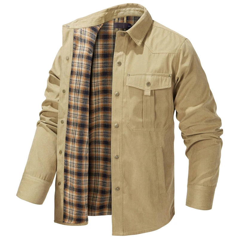 Primavera otoño hombres camisa de franela a cuadros chaqueta Casual hombres Retro solapa algodón camisas cálidas hombres chaqueta cortavientos táctica ropa