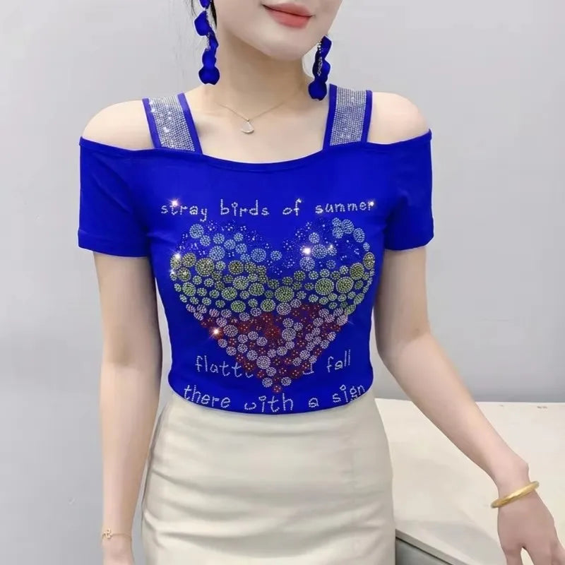 Ropa de calle europea, camiseta de marca para mujer, camisetas ajustadas de manga corta elegantes con diamantes brillantes para mujer