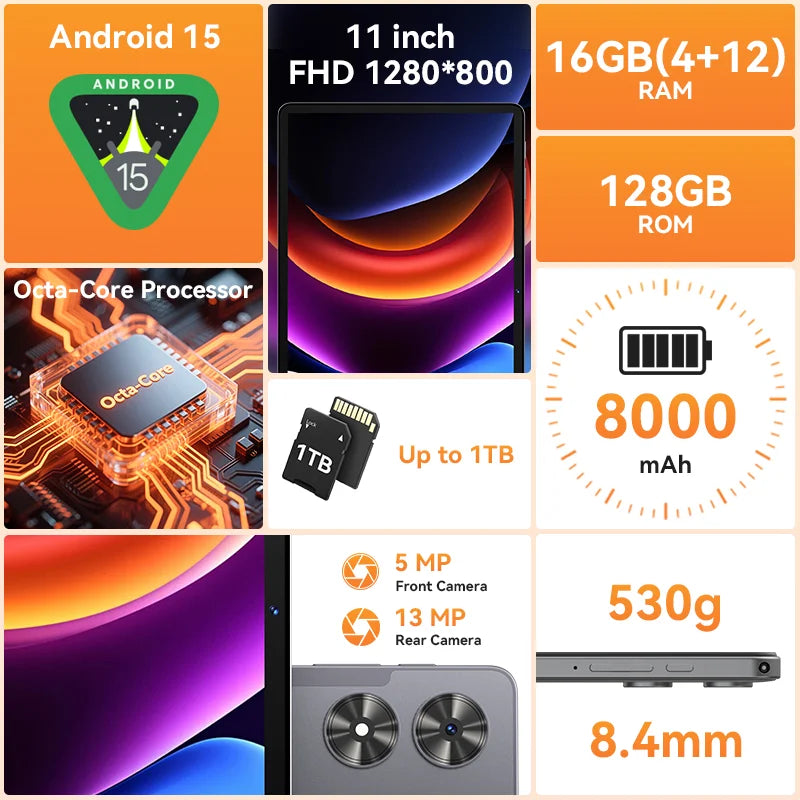 Tableta SVITOO Android 15 2025 de 11 pulgadas, HD IPS, procesador Octa-Core, 16 GB de RAM, 128 GB de ROM, batería expandible de 1 TB, 8000 mAh, WiFi 5, Bluetooth 5.0, GPS, teclado, ratón, lápiz óptico y estuche.