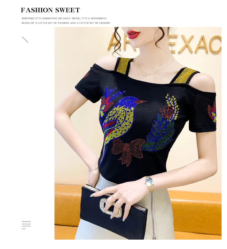Ropa de calle europea, camiseta de marca para mujer, camisetas ajustadas de manga corta elegantes con diamantes brillantes para mujer