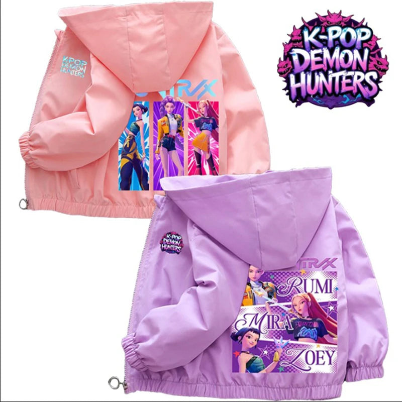 Chaqueta Cortavientos para Niñas Adolescentes K-pop Demon Hunters 2026 Primavera Otoño, Chaqueta con Capucha Estampada de Dibujos Animados, Ropa Exterior Impermeable