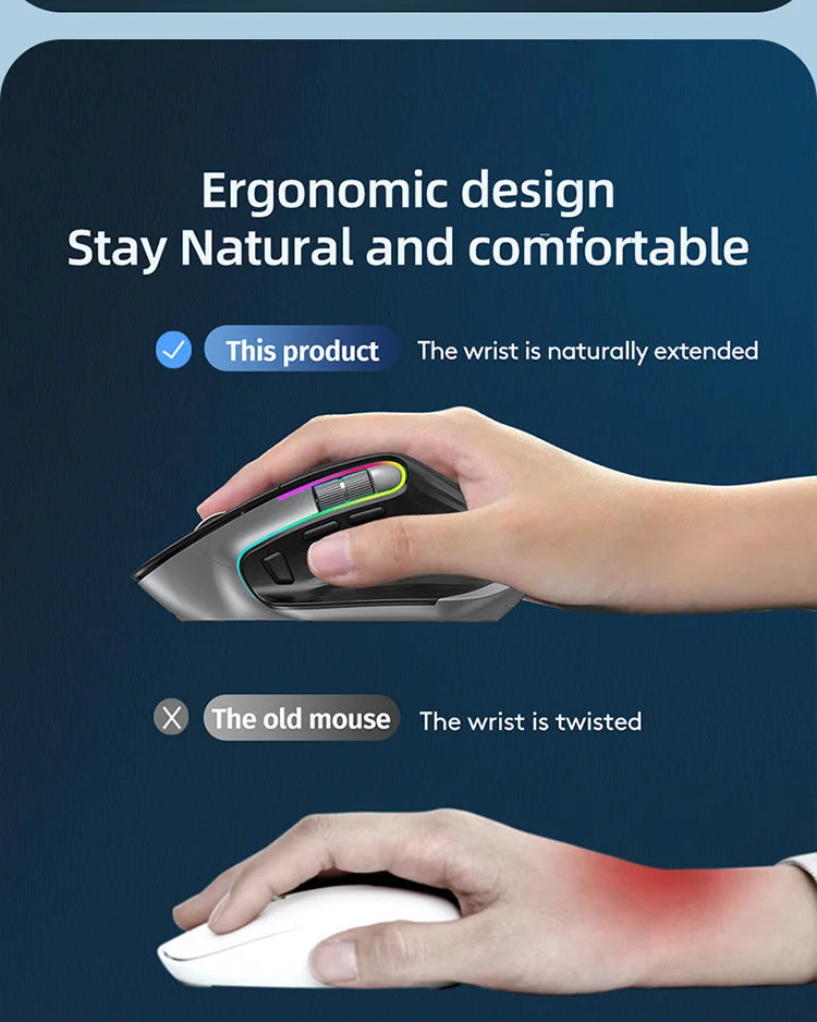JOMAA-ratón inalámbrico para juegos de ordenador, Mouse negro de 2,4G con Bluetooth, RGB, recargable, diseño ergonómico, para oficina