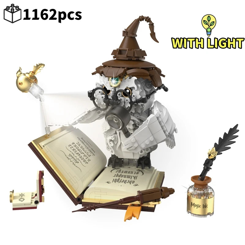 Mundo Mágico búho Doctor libro mágico y luces bloques de construcción animales modelos de aves niños juguetes de ensamblaje chico regalos de navidad